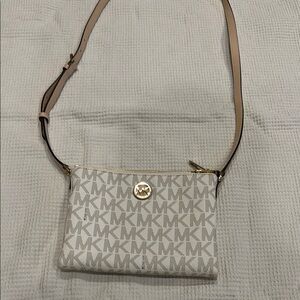 Michael Kors Tan and White Crossbody Bag with Signature MK Monogram
